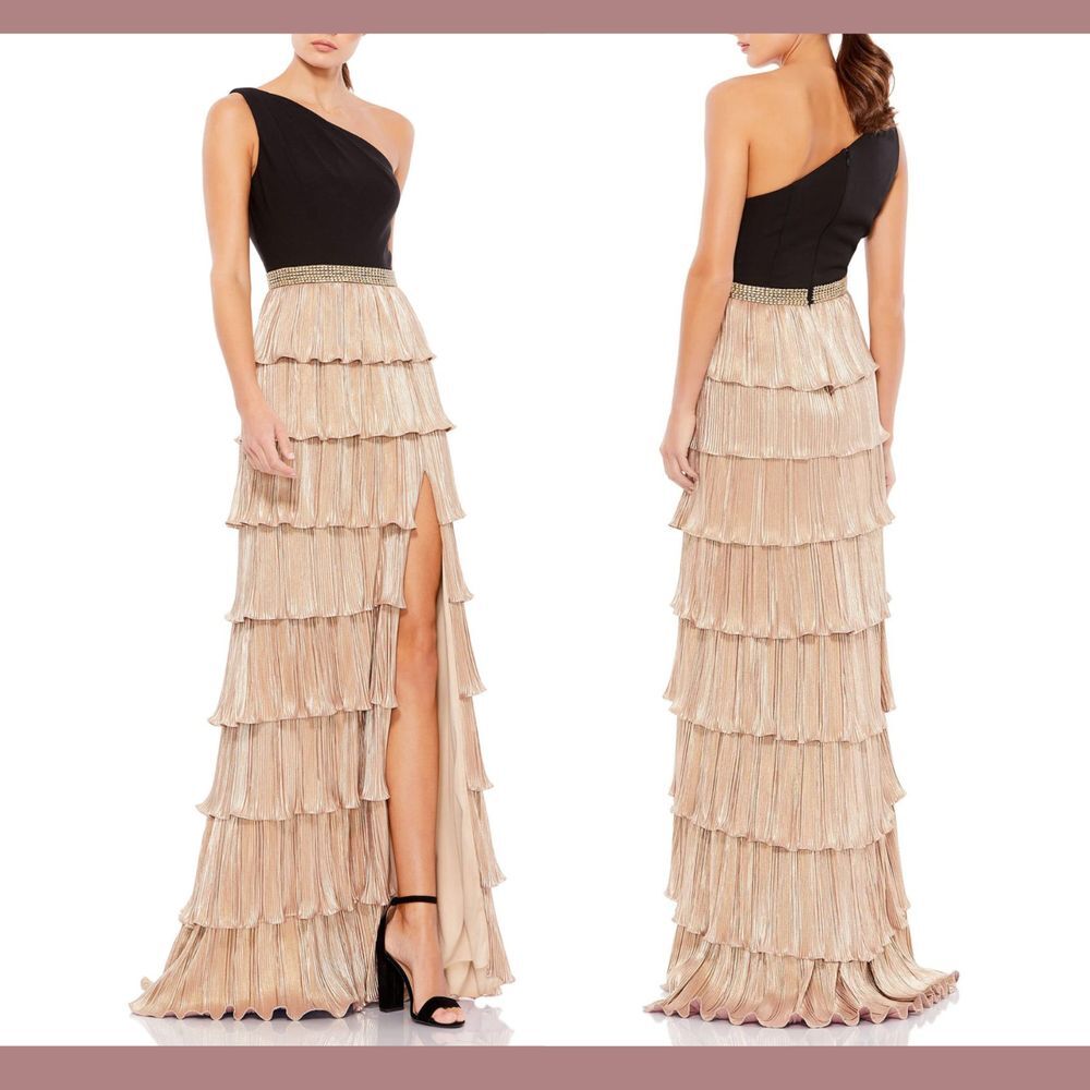 USED IEENA Mac Duggal [ 10 ]‎ 26541 One Shoulder Ruffle Tiered Gown MetalliC